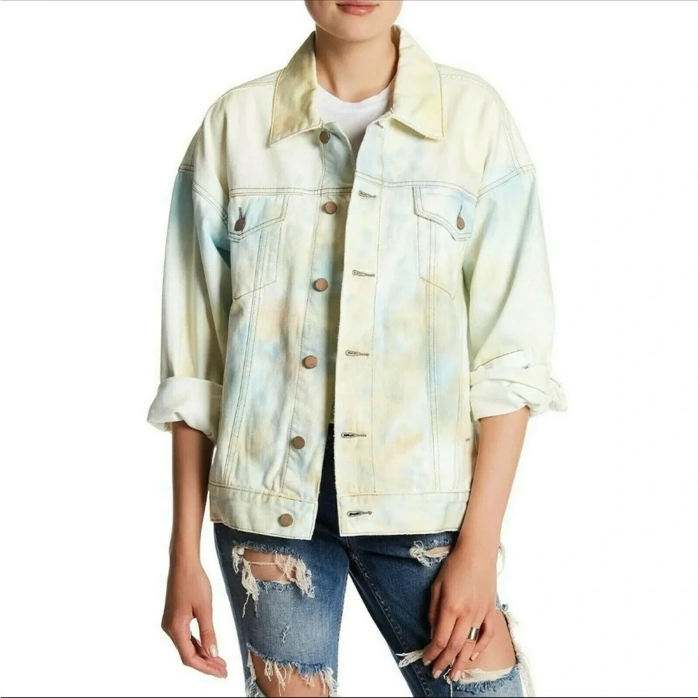 Free People White Multi Colored Tie Dye Denim Oversized Jacket